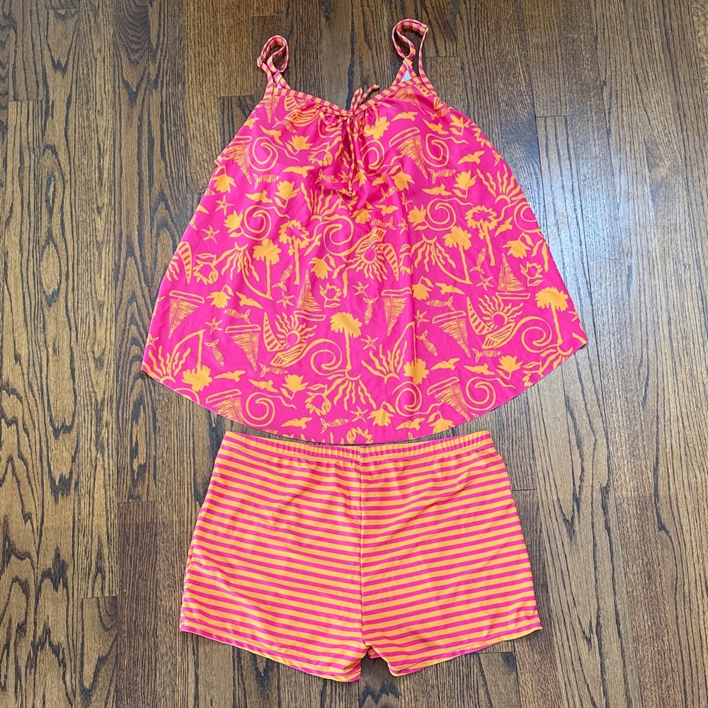 B34 Pink and Orange Women's Swim Set Tank and Short Tropical Beach Summer